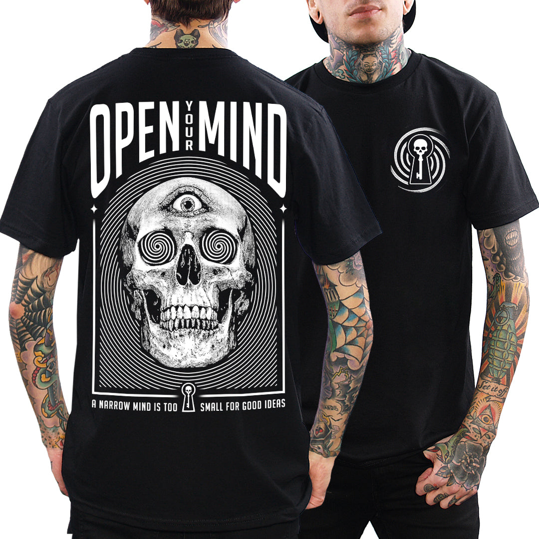 open your mind t-shirt front and back view of model