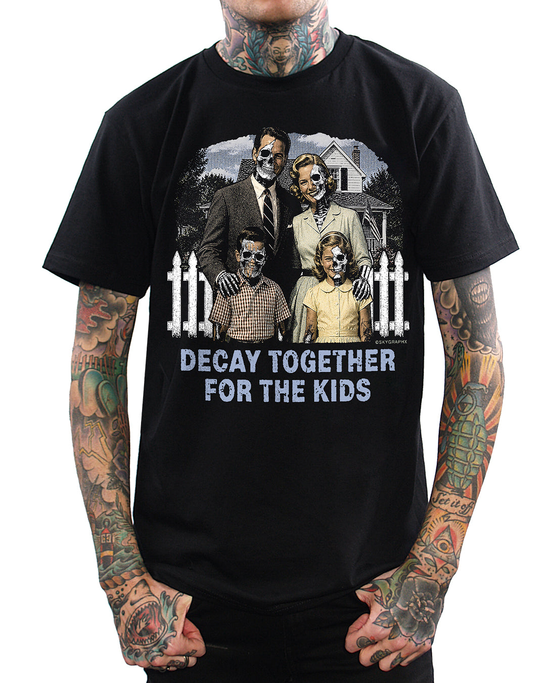 Black t-shirt with a graphic design of a family and text 'Decay Together for the Kids' on a white background.