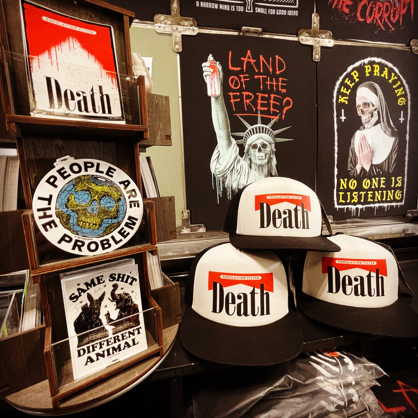 photo of skygraphx stickers, hats and shirts