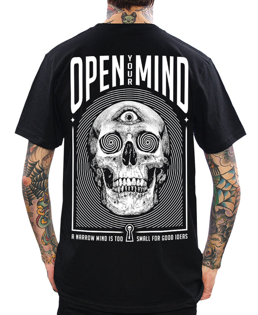 open your mind skull shirt back view of model