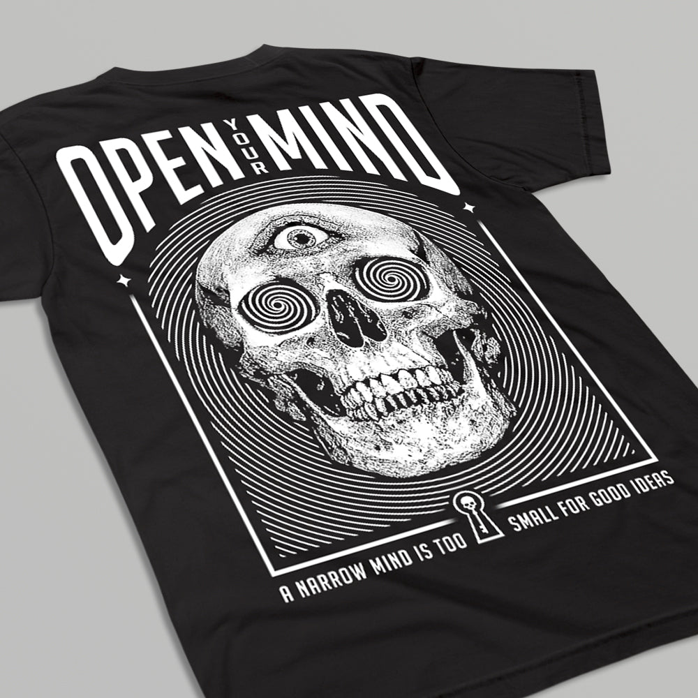 open your mind skull shirt angle flat view