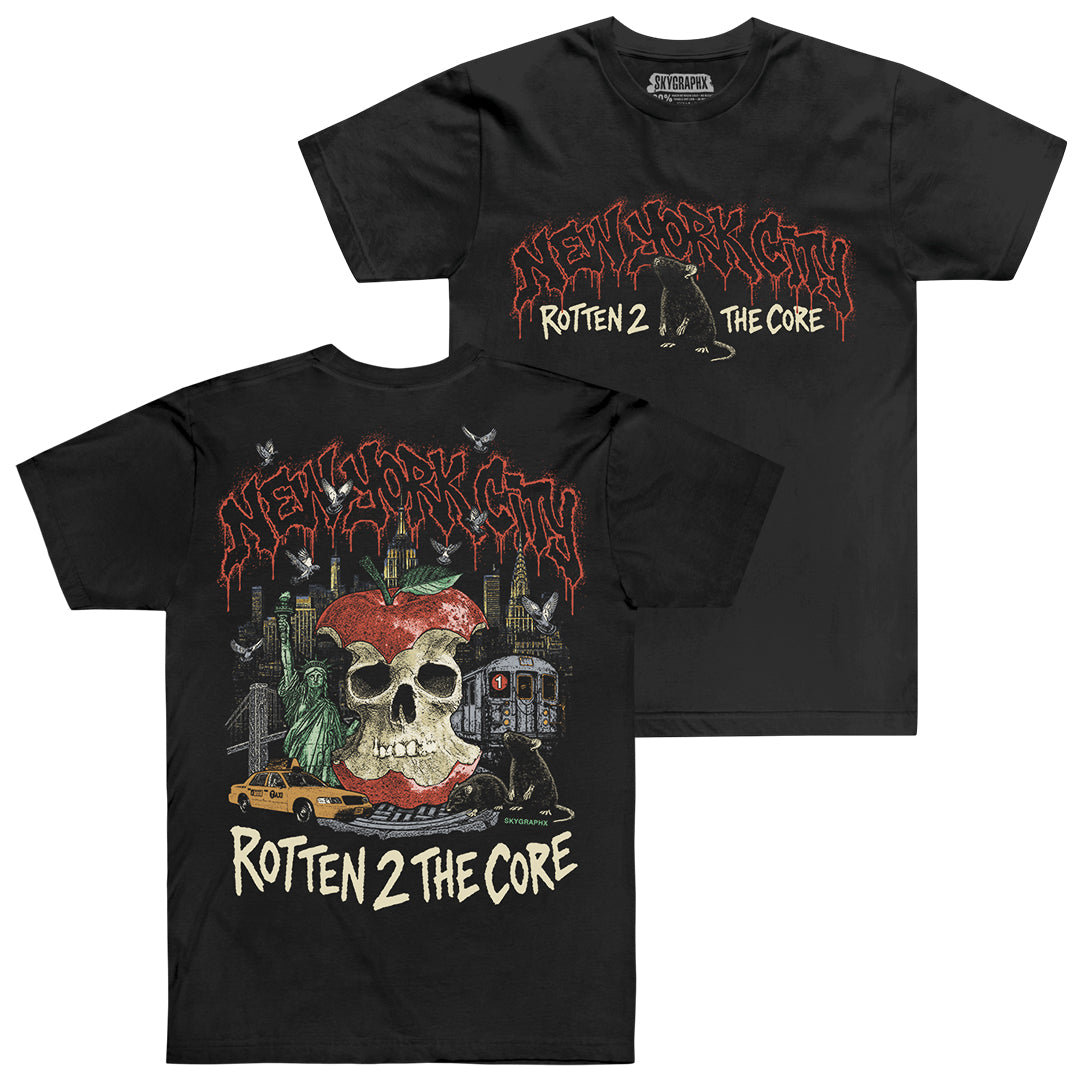 Black t-shirt with graphic design and text 'Rotten 2 The Core' on a white background