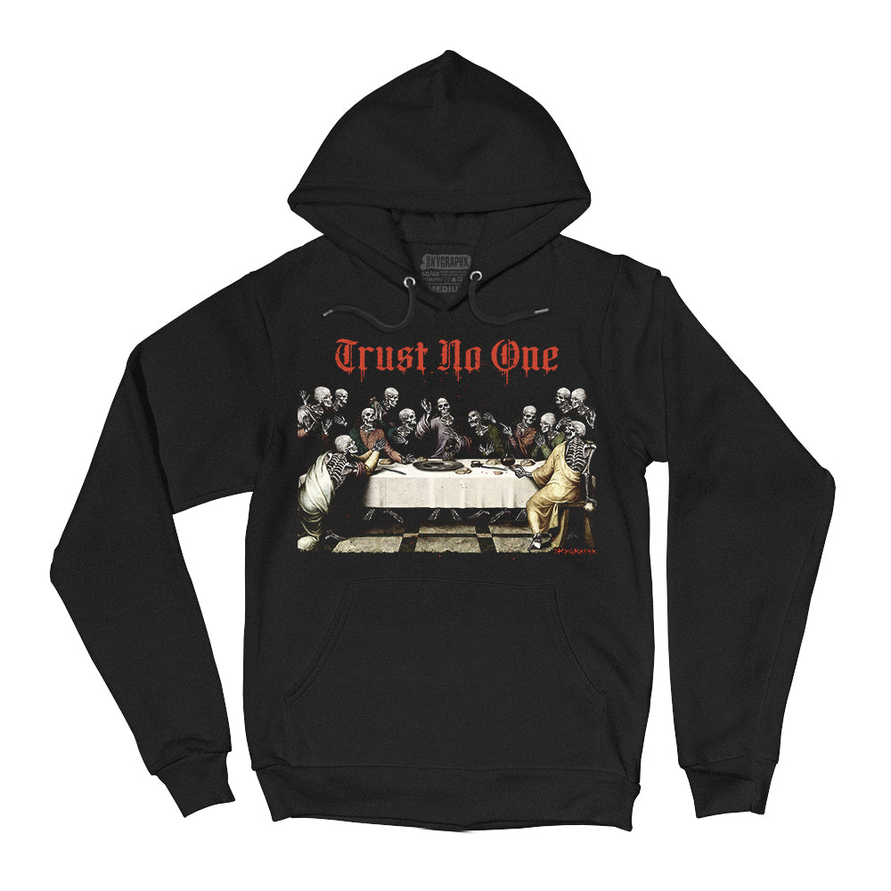 Black hoodie with 'Trust No One' graphic design on a white background