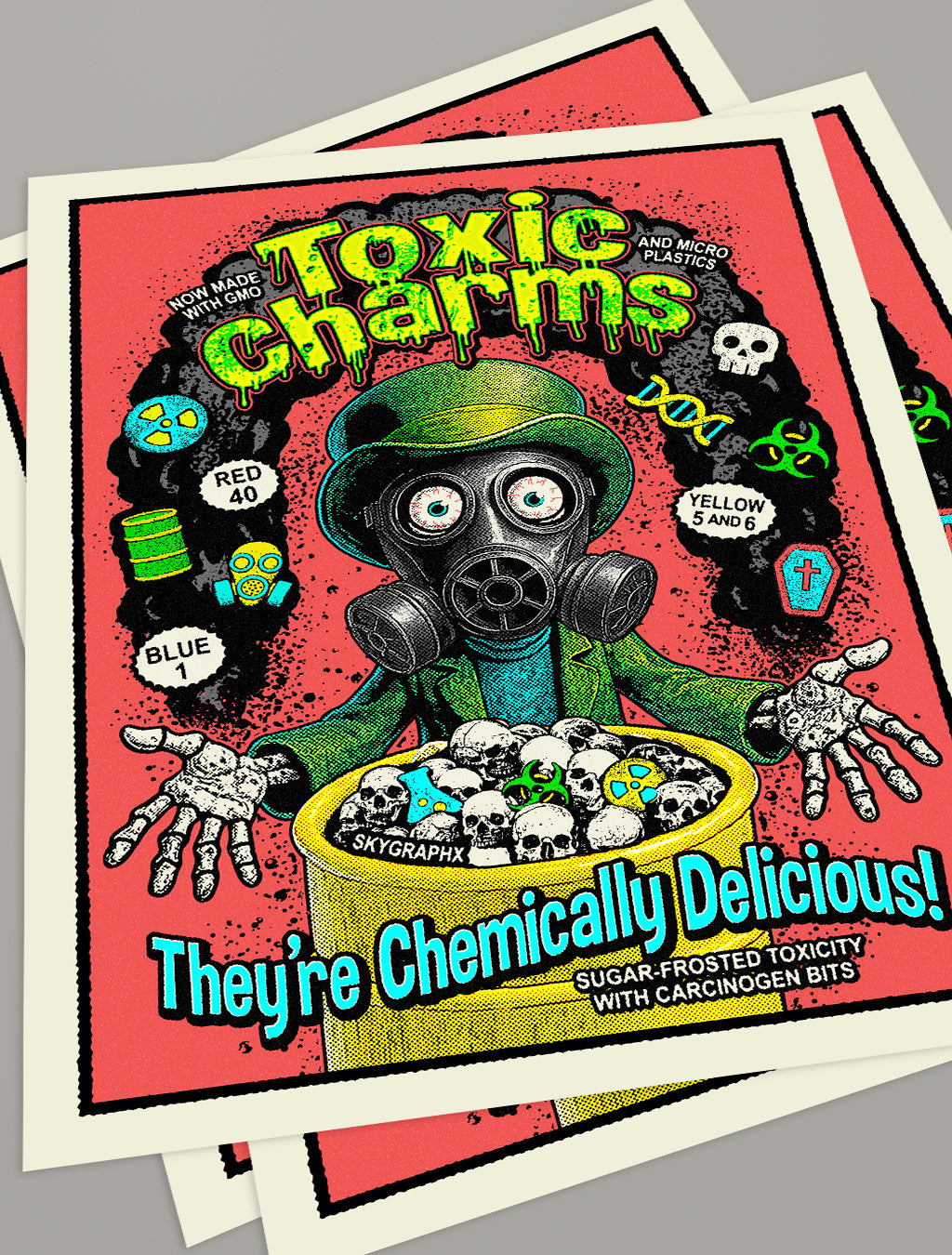 Poster with a character in a gas mask and toxic theme, featuring text 'Toxic Charms' and 'They're Chemically Delicious!'.
