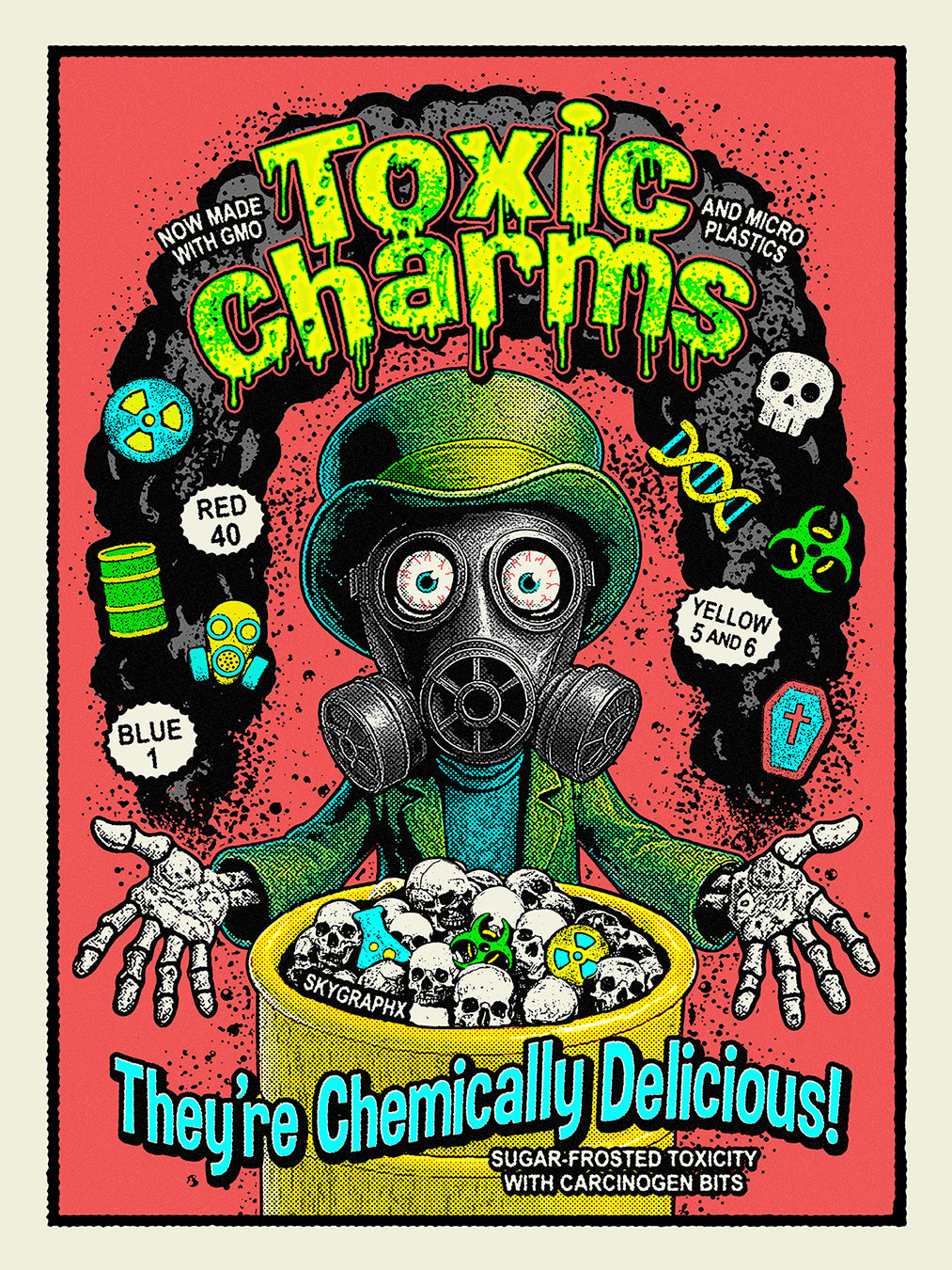 Surreal illustration of a character in a gas mask with text about 'Toxic Charms' on a red background.