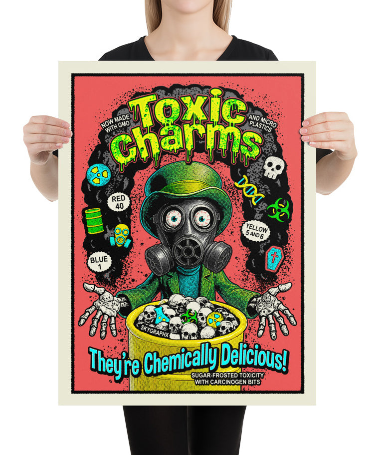Person holding a poster with a colorful design featuring a character in a gas mask and text about 'Toxic Charms'.