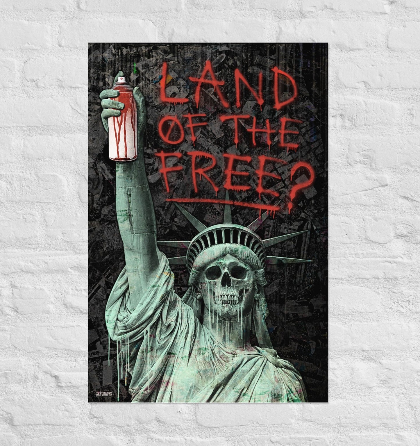 land of the free poster print with statue of liberty with skull