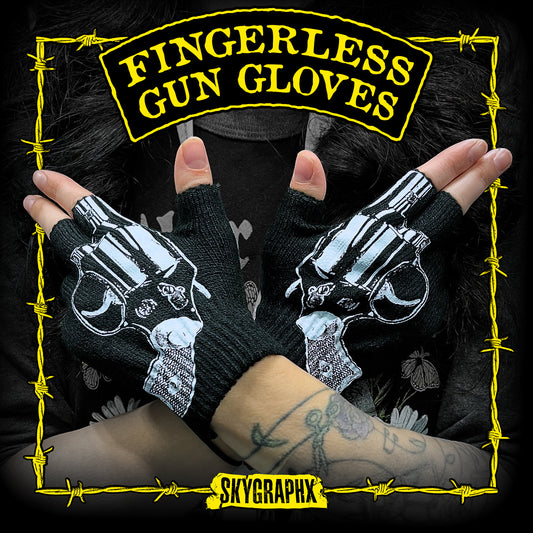 Black fingerless gun gloves with gun design on a black background with barbed wire border, featuring 'Fingerless Gun Gloves' text and 'SKYGRAPHX' branding.