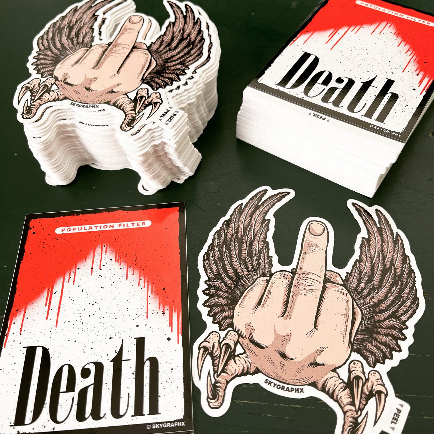 flying middle finger and population filter stickers