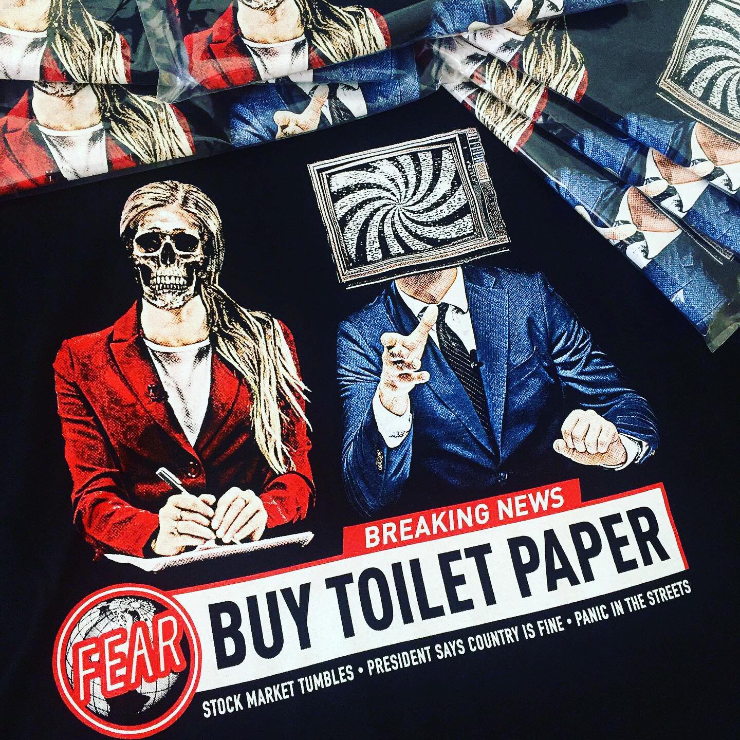 fear news buy toilet paper shirt with news anchors with skull and tv head