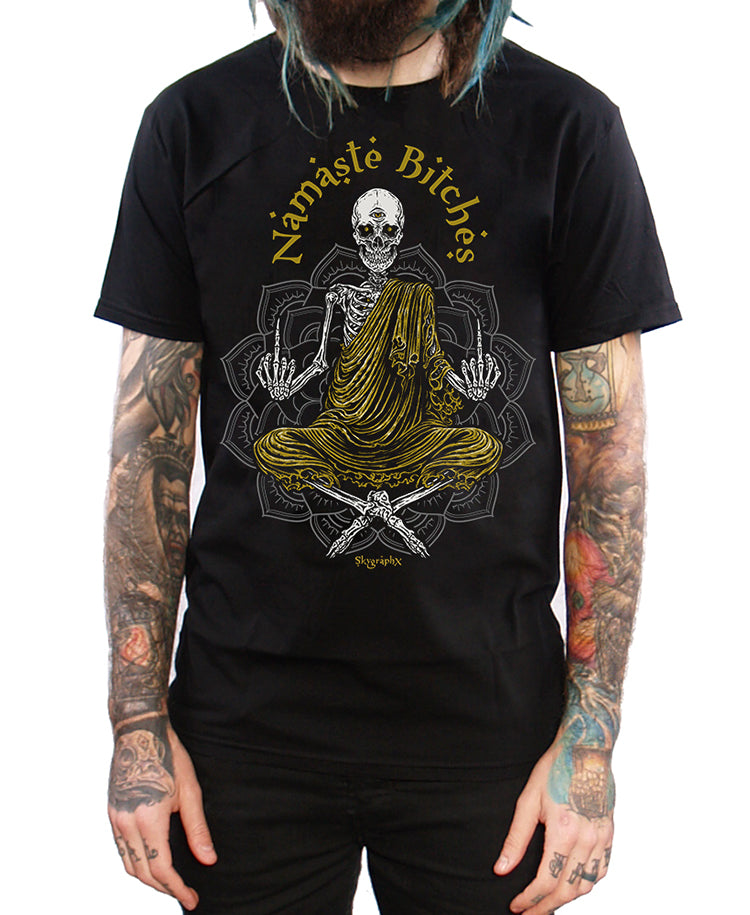 namaste bitches t-shirt on model