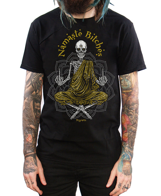 namaste bitches t-shirt on model