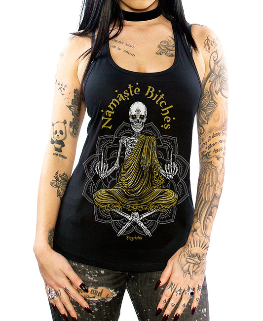 namaste bitches tank top on model
