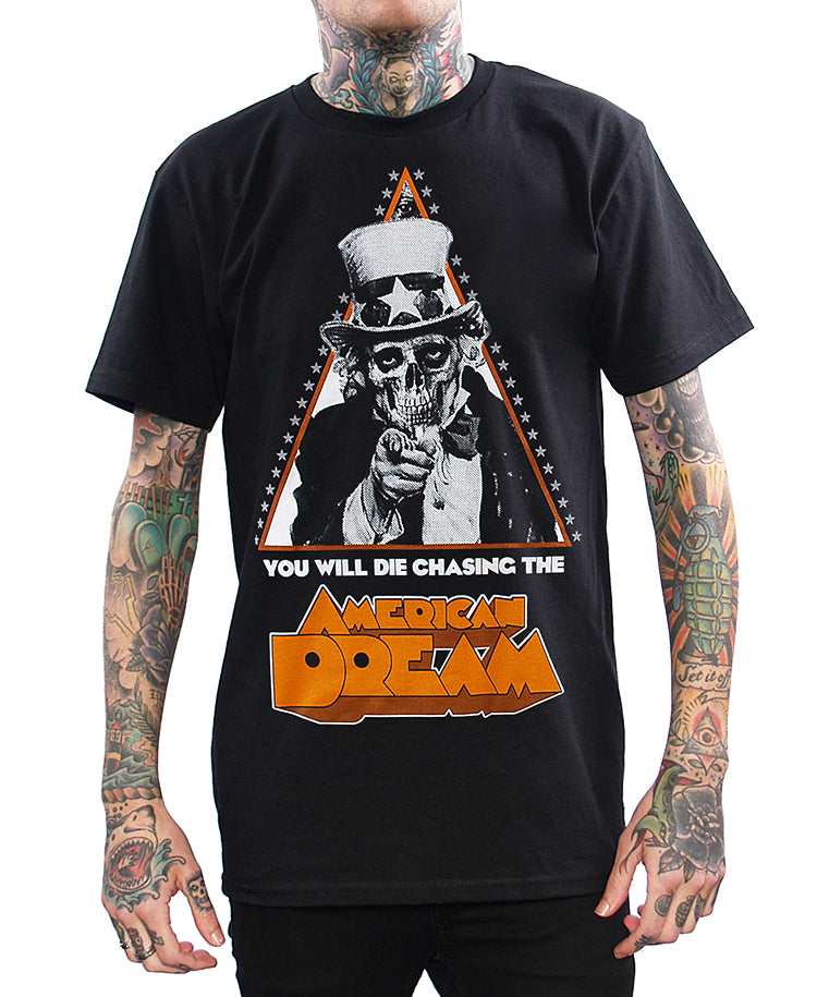 model wearing shirt with you will die chasing the american dream uncle sam skull