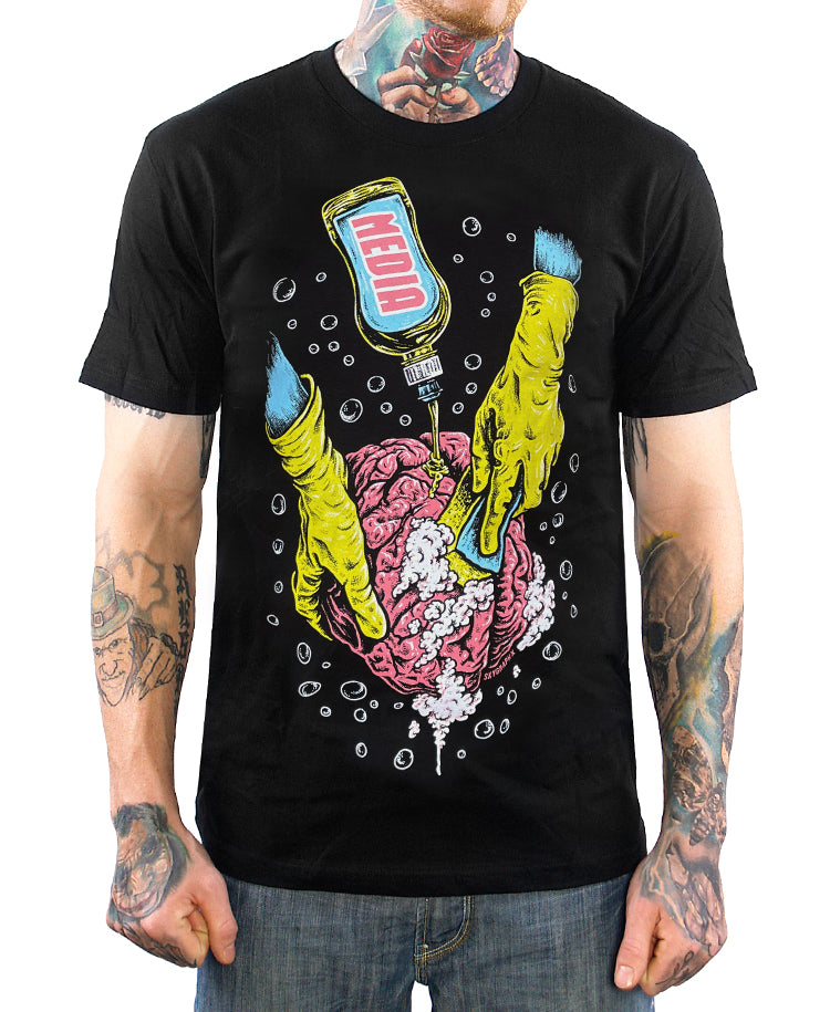 shirt with brand getting washed by gloved hands with soap bottle with Media label