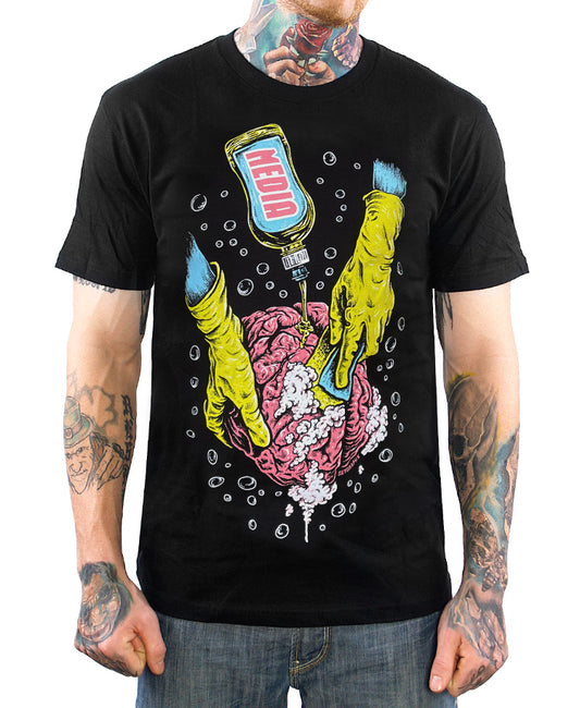 shirt with brand getting washed by gloved hands with soap bottle with Media label