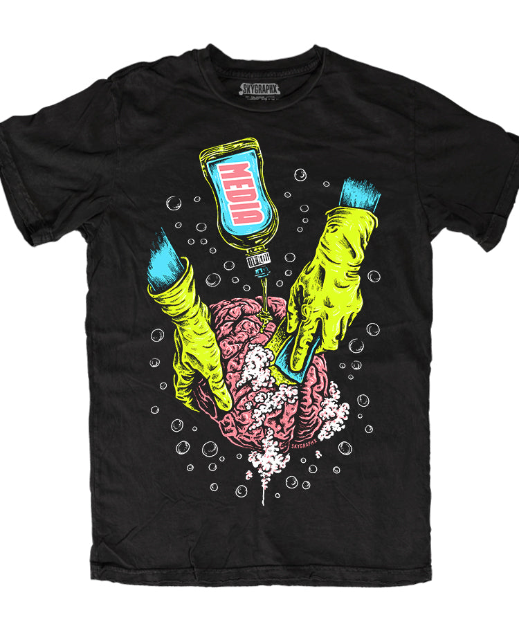 shirt with brain getting washed with soap with media label