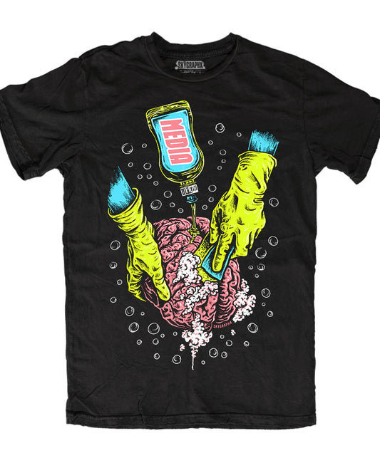 shirt with brain getting washed with soap with media label
