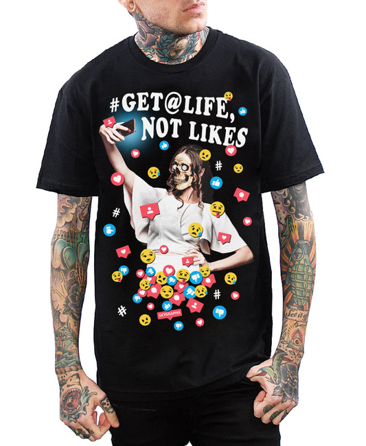 model wearing get a life not likes shirt