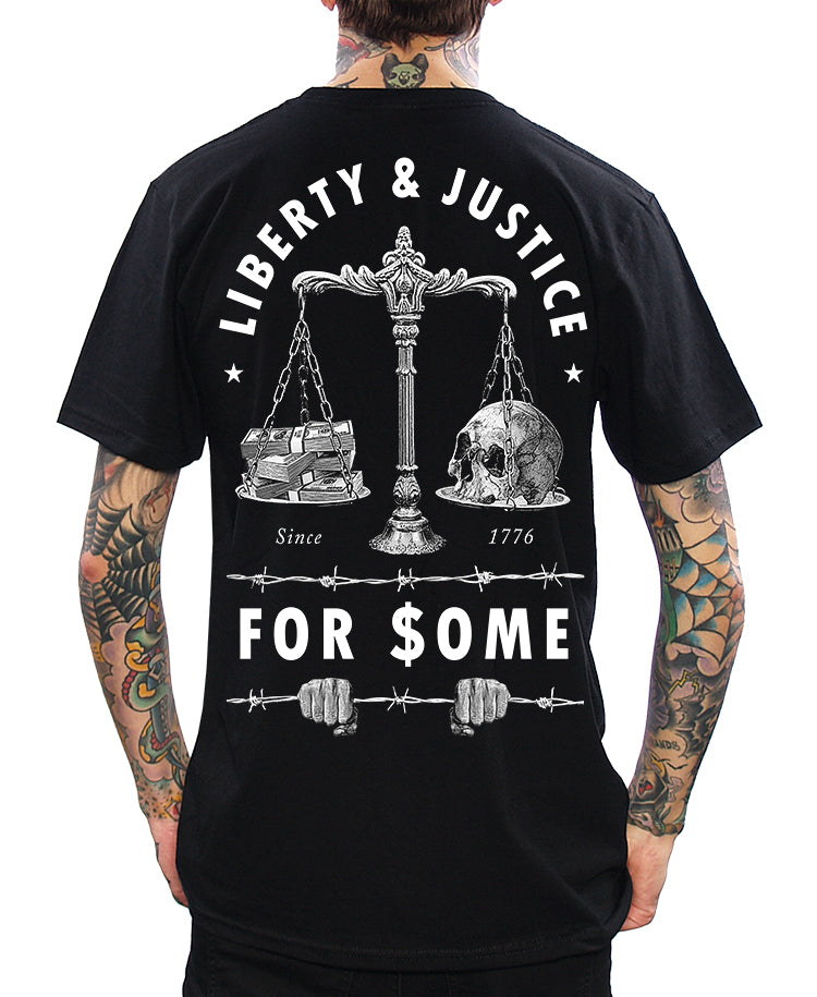 t shirt with liberty and justice for some and justice scale with money and skull
