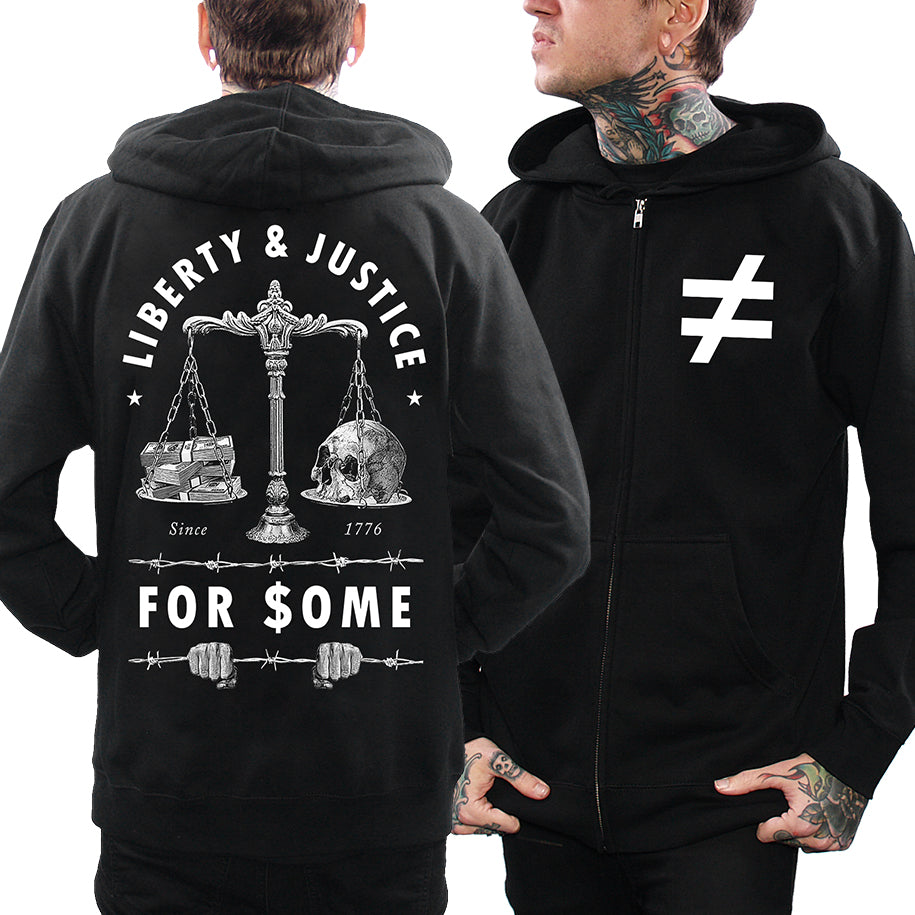 model wearing hoodie with liberty and justice for some