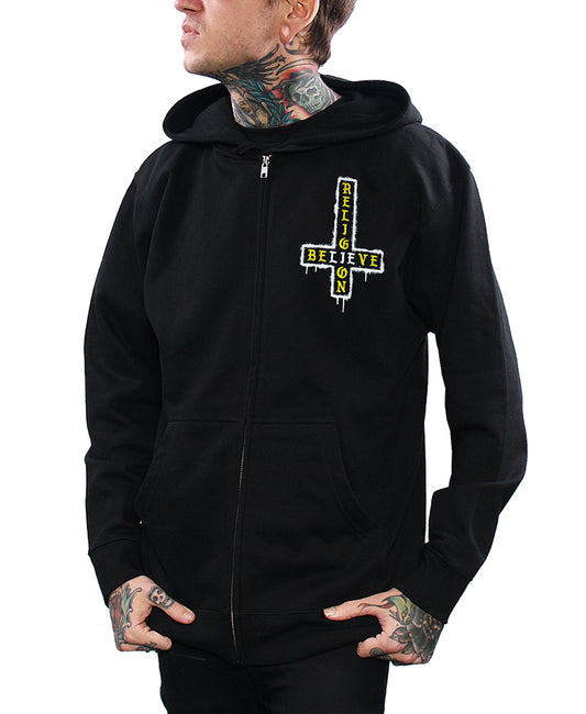 hoodie with upside down cross with believe religion and LIE highlighted