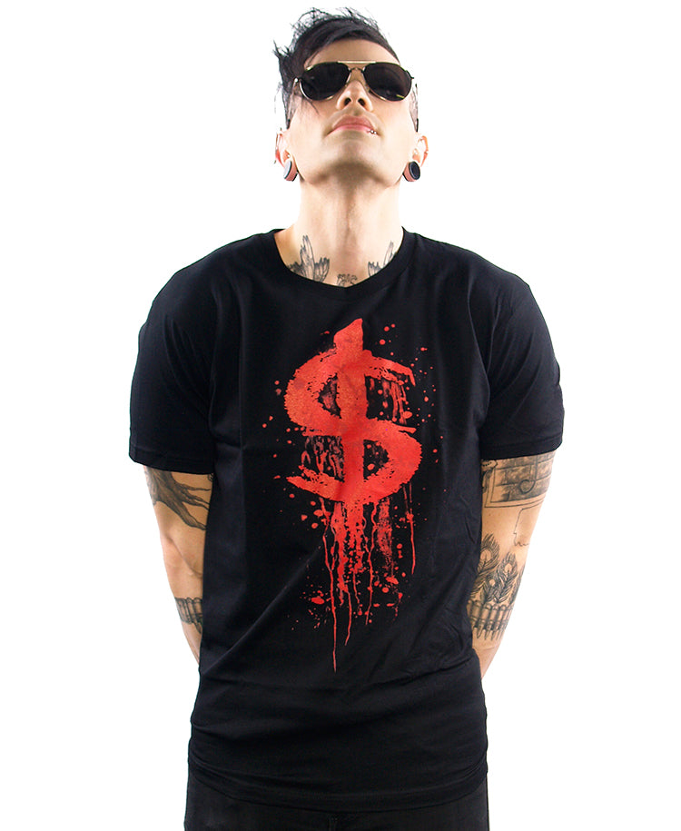model wearing shirt with bleeding $ symbol