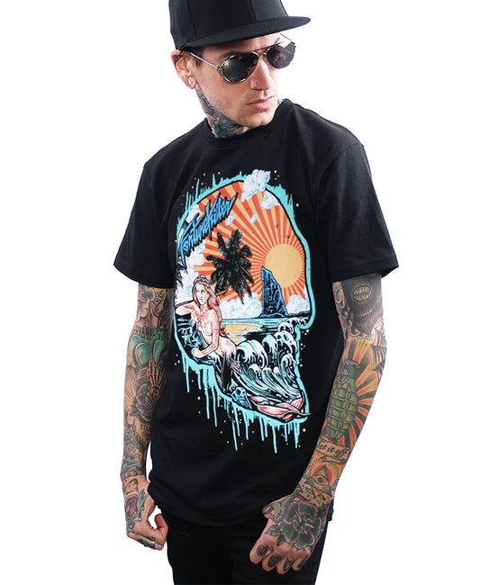 model wearing fortune killer paradise skull shirt
