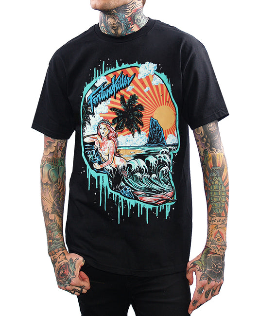 model wearing fortune killer paradise skull shirt