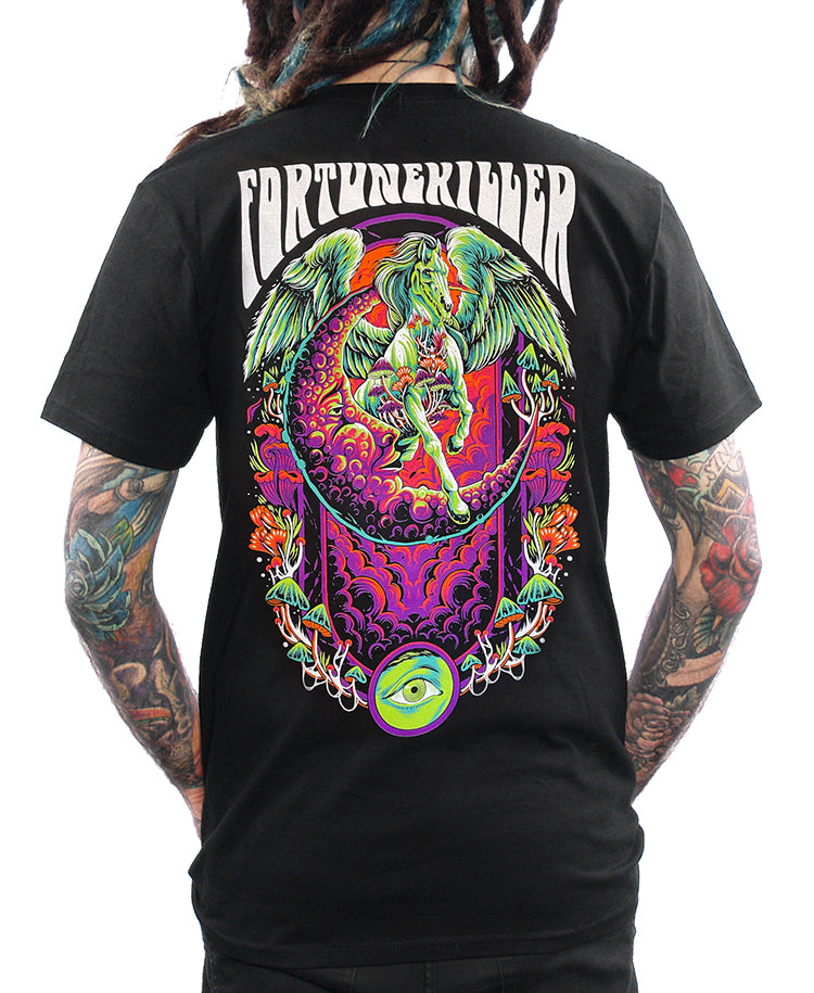 model wearing shirt with trippy colorful flying pegasus moon and fortune killer text