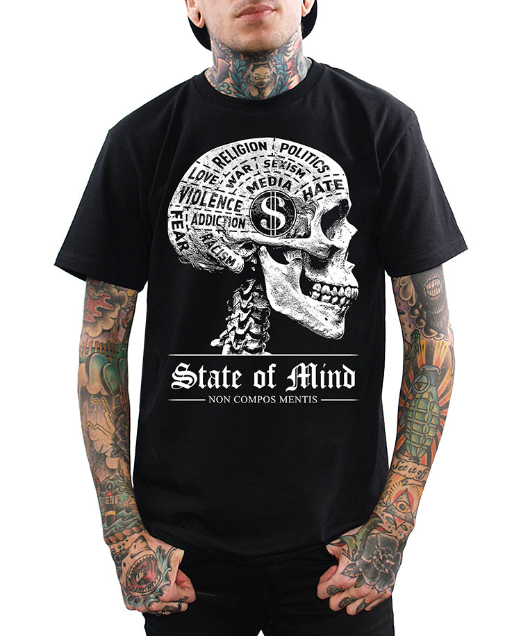 model wearing shirt with state of mind phrenology skull with latin phrase non compos mentis