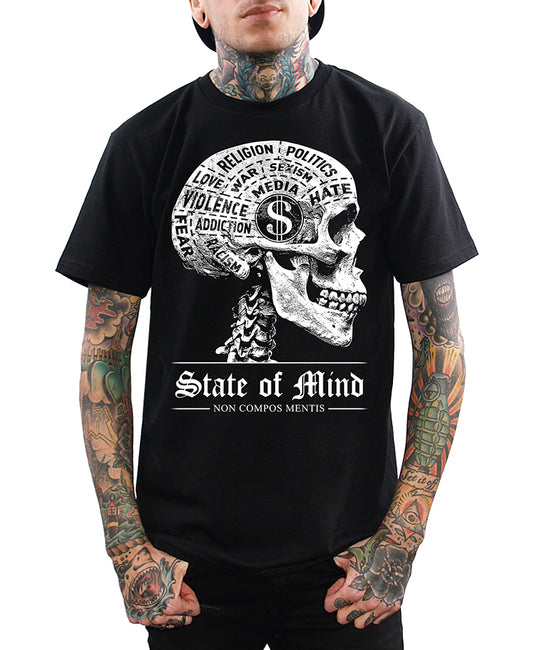 model wearing shirt with state of mind phrenology skull with latin phrase non compos mentis