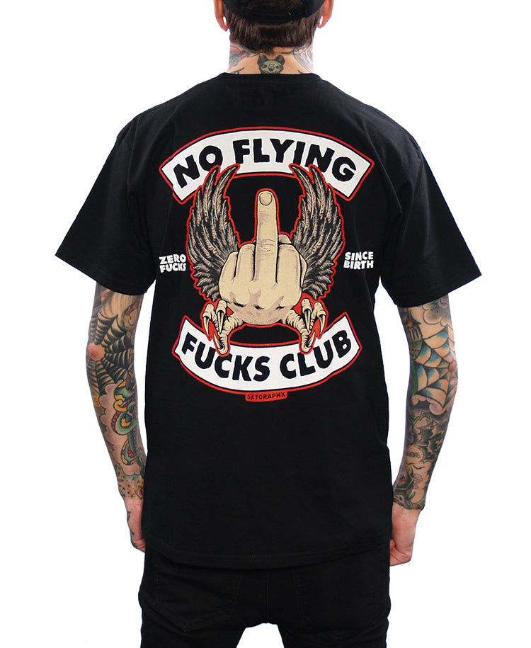 back view of model wearing shirt with no flying fucks club and flying middle finger
