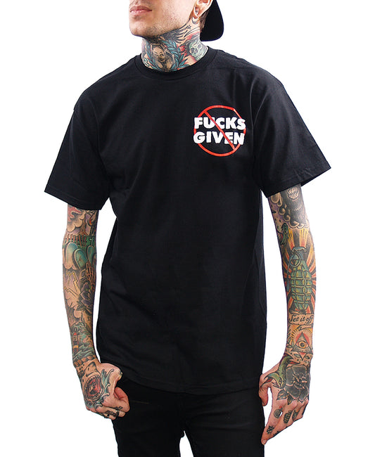 model wearing shirt with no fucks given on chest