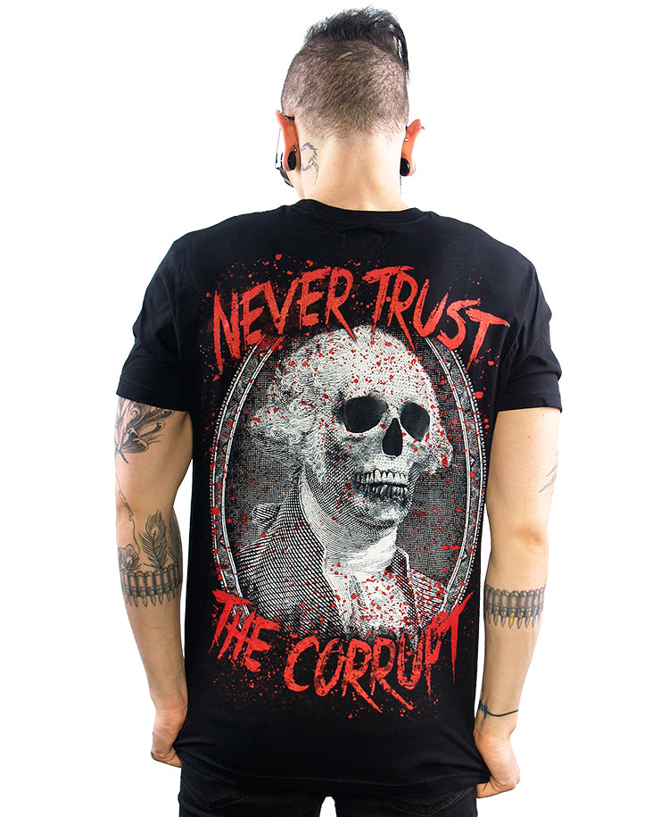 back view model wearing never trust the corrupt shirt