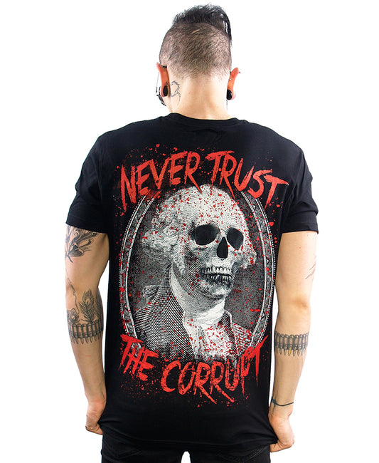 back view model wearing never trust the corrupt shirt