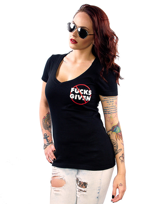 model wearing shirt with no fucks given graphic on chest