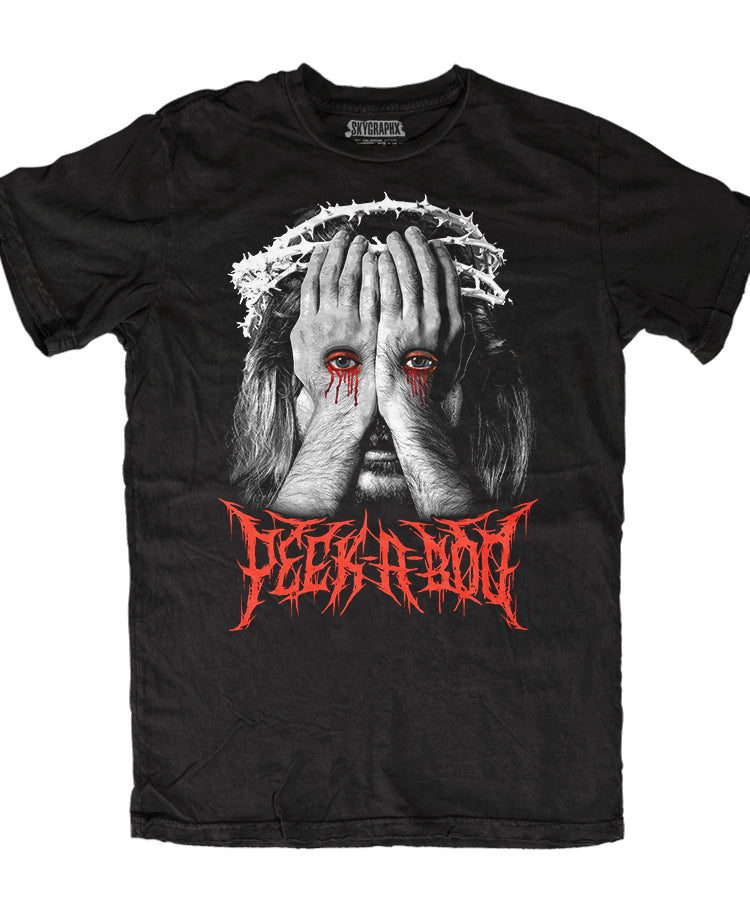 shirt with jesus looking through stigmata hands and says peek a boo