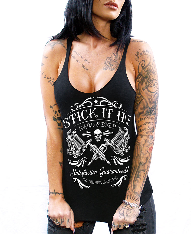 model wearing shirt with tattoo guns and says stick it in hard and deep satisfaction guaranteed or dinner is on me
