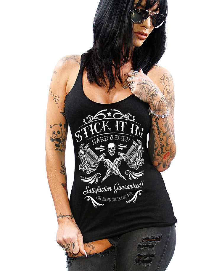 model wearing shirt with tattoo guns and says stick it in hard and deep satisfaction guaranteed or dinner is on me