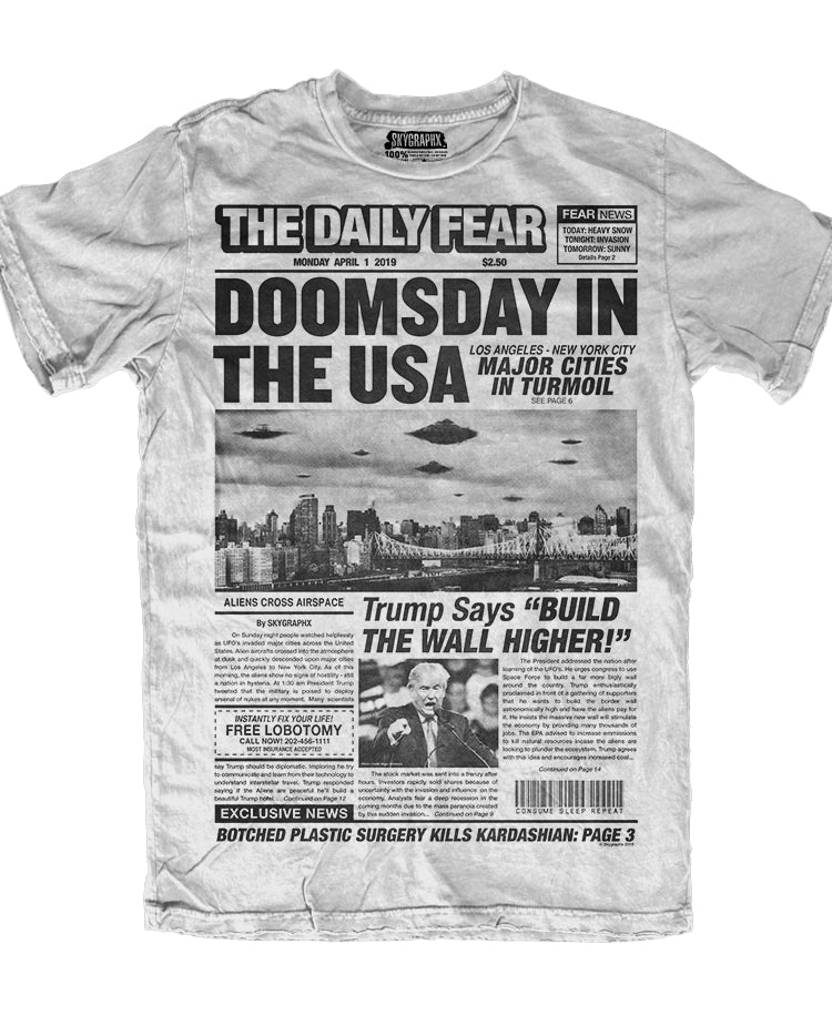 shirt with doomsday in the usa newspaper parody