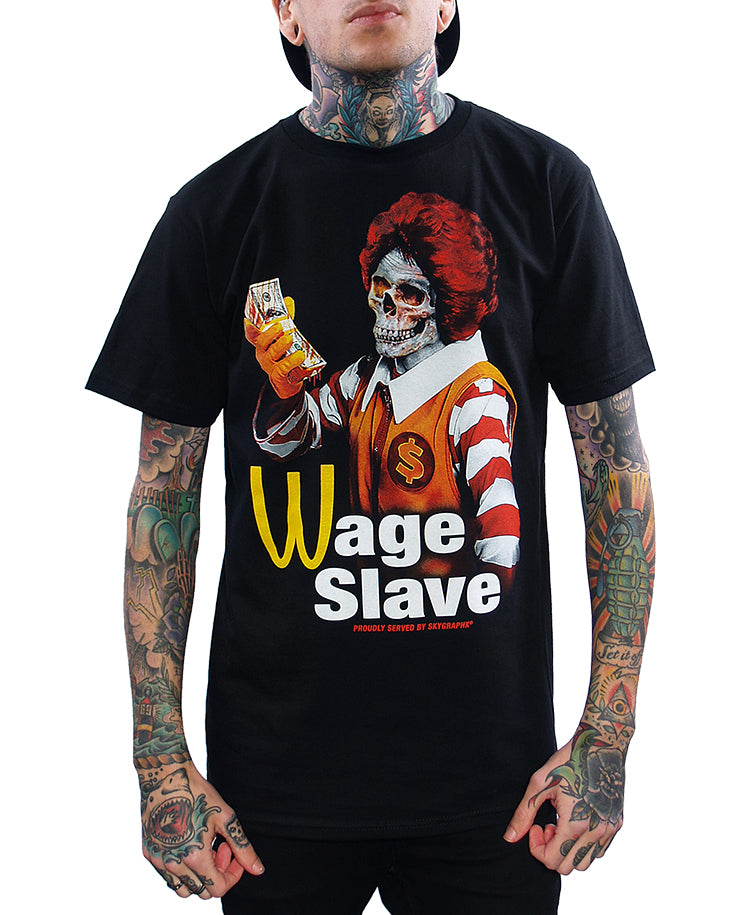 model wearing wage slave shirt