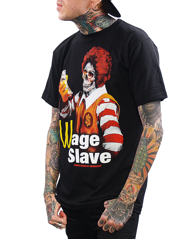 model wearing wage slave shirt