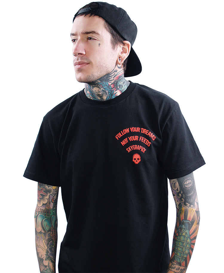 model wearing shirt with wifi symbol that says follow your dreams not your feeds skygraphx