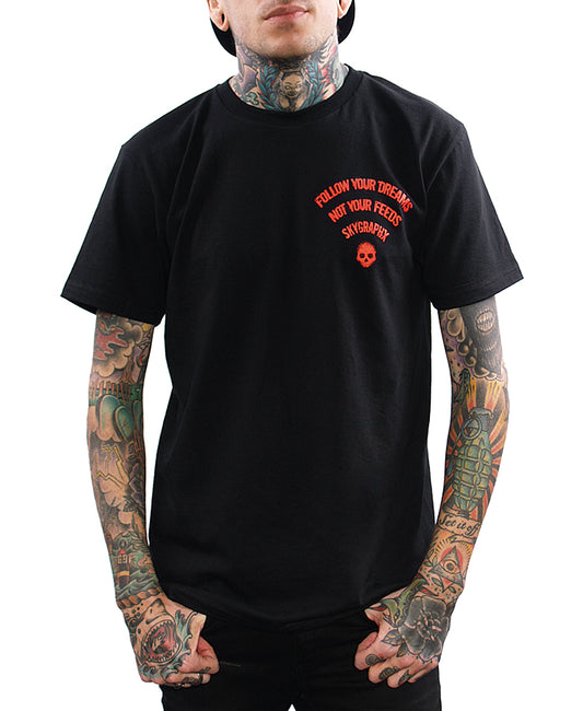 model wearing shirt with wifi symbol that says follow your dreams not your feeds skygraphx