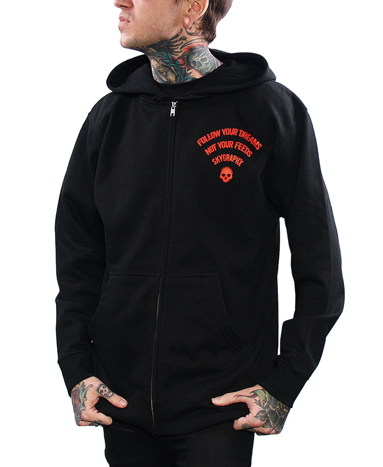 model wearing hoodie with wifi symbol that says follow your dreams not your feeds skygraphx