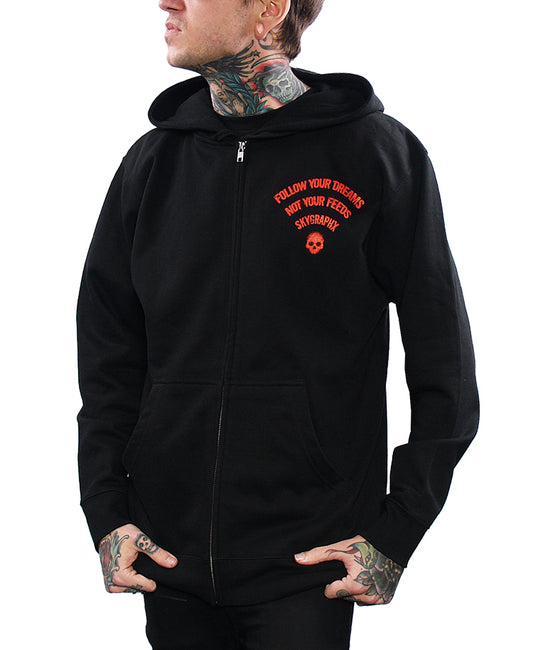 model wearing hoodie with wifi symbol that says follow your dreams not your feeds skygraphx