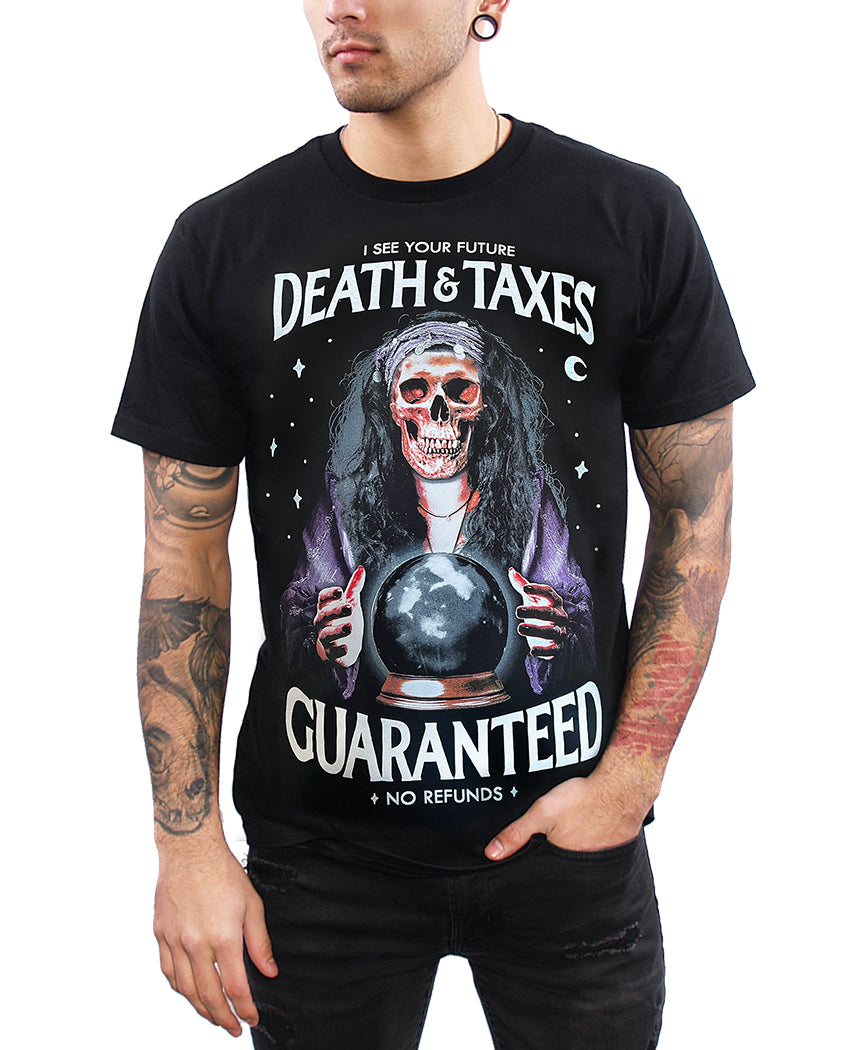 model wearing shirt with psychic with skull and crystal ball with I see your future death & taxes guaranteed no refunds
