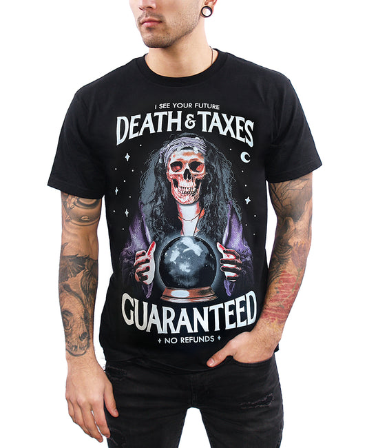 model wearing shirt with psychic with skull and crystal ball with I see your future death & taxes guaranteed no refunds