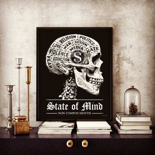 state of mind phrenology skull poster on table with books and candle holders